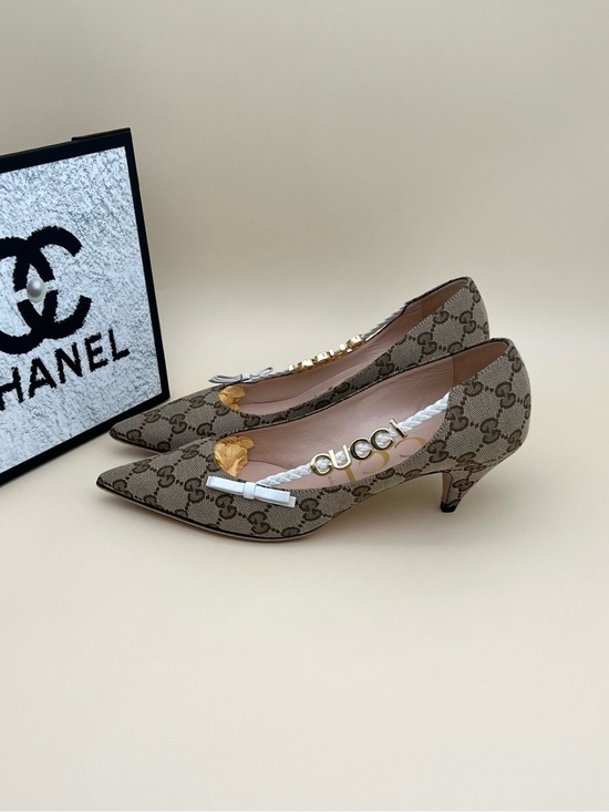 Gucci Shoes - Gucci Beige GG Monogram Pointed Toe Low Kitten Heel Pumps with Gold Accents